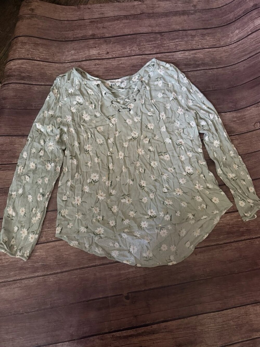 Women’s Pink Republic Green Daisy Floral Crinkle Blouse Large Boho Peasant